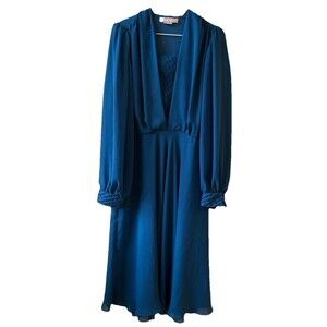 Vintage Nancy G Blue A-Line V-Neck Long Sleeve Chiffon Midi Dress Size 10